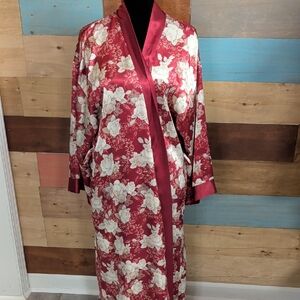 Adonna Red Satin Floral Wrap Robe with Cream Rose Print